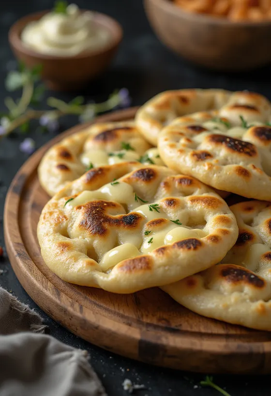 Baltās šokolādes naan maize pasniegta