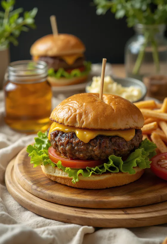 Roņu gaļas burgers pasniegts ar salātiem, tomātu un majonēzi.