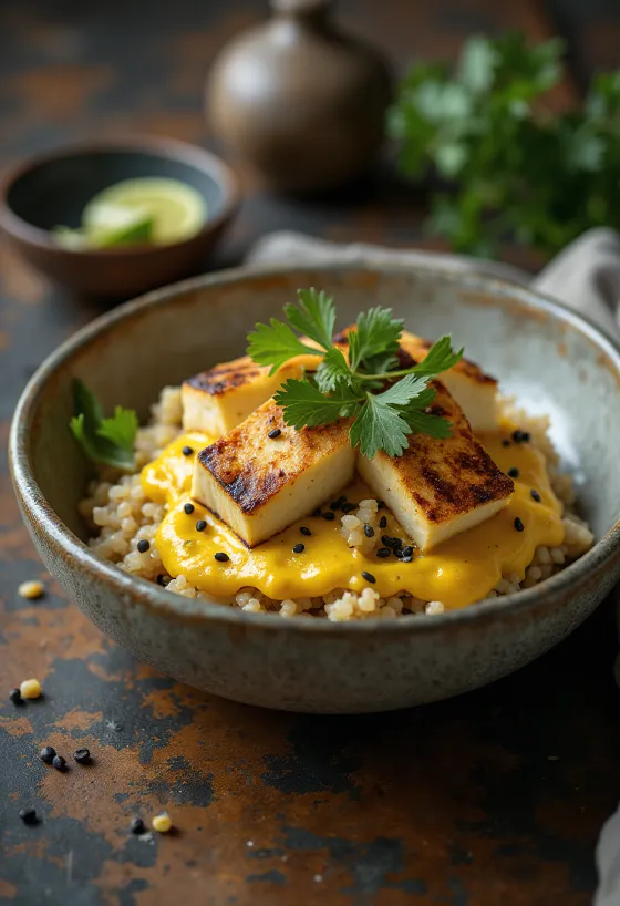 Grilēts tofu ar kinoju un karija-laima tahini pasniegts