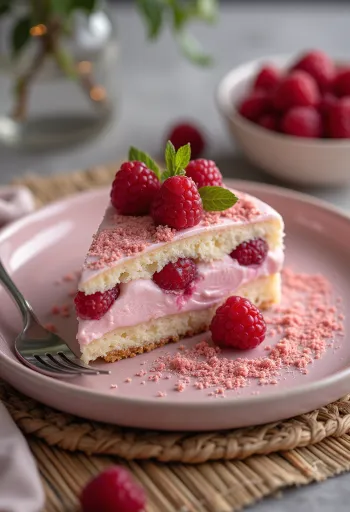 Jogurta un aveņu torte pasniegta ar svaigām avenēm un pūdercukuru
