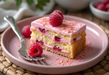 Jogurta un aveņu torte pasniegta ar svaigām avenēm un pūdercukuru