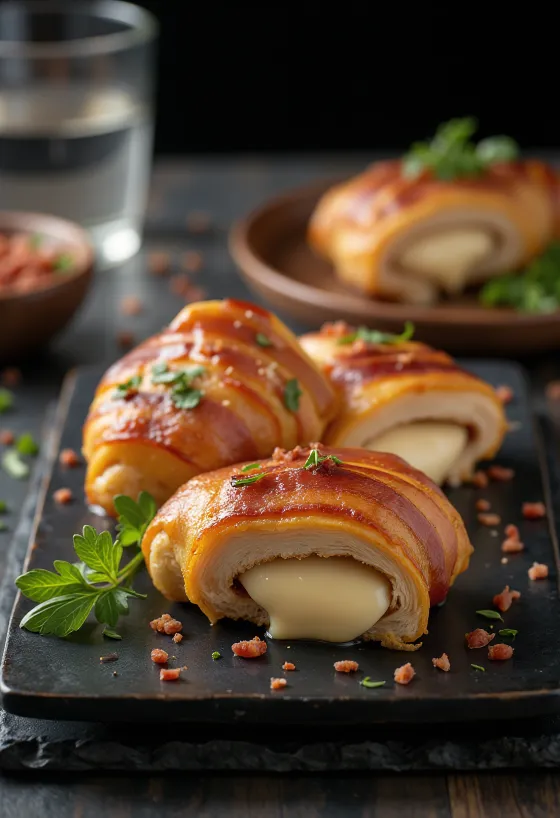 Ar sieru pildīta vistas krūtiņa bekonā, pasniegta ar salātiem un ceptiem kartupeļiem