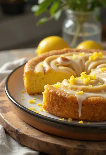 Kanēļa un citrona torte pasniegta