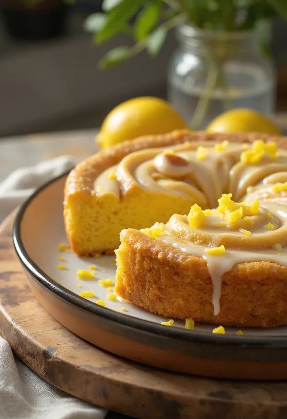 Kanēļa un citrona torte pasniegta