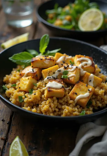 Grilēts tofu un kinoja vokpannā ar karija tahini pasniegts