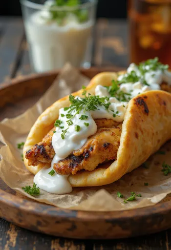 Gyros sendvičs ar ceptu vistu, svaigiem dārzeņiem un tzatziki mērci