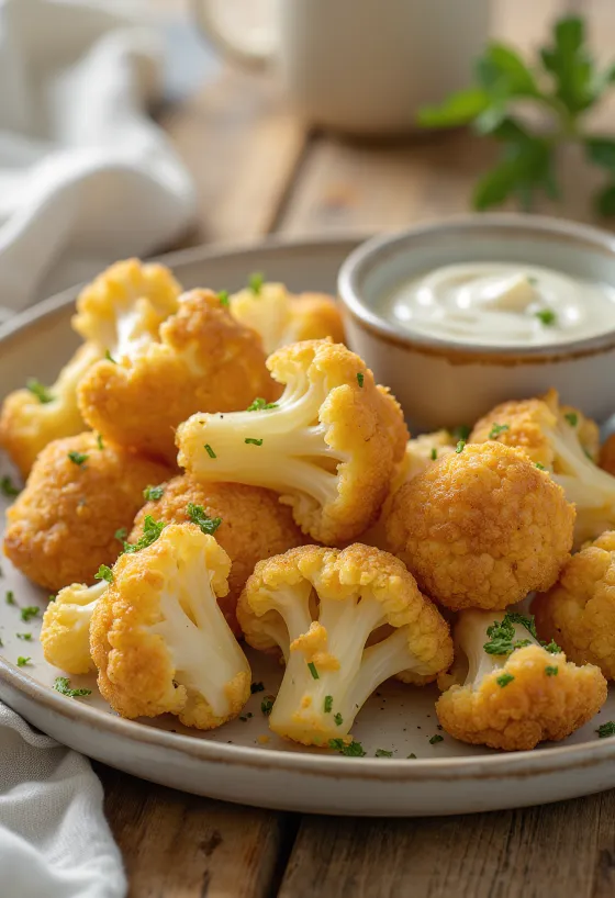 Panēti ziedkāposti zeltaini brūni, pasniegti kraukšķīgā panējumā