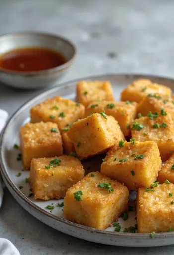Kraukšķīgs panēts tofu, pasniegts ar svaigiem pētersīļiem