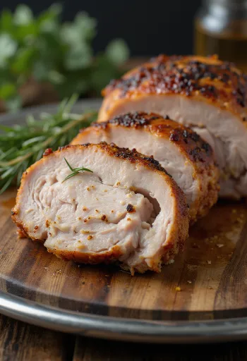 Kūpināta savvaļas tītara krūtiņa pasniegta ar grilētiem dārzeņiem.