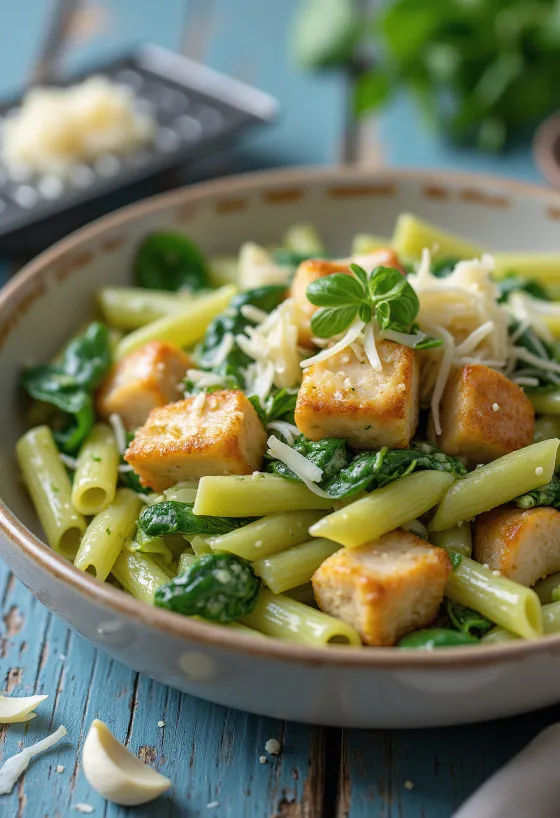 Vistas krūtiņa ar spinātu pastu un parmezānu pasniegta