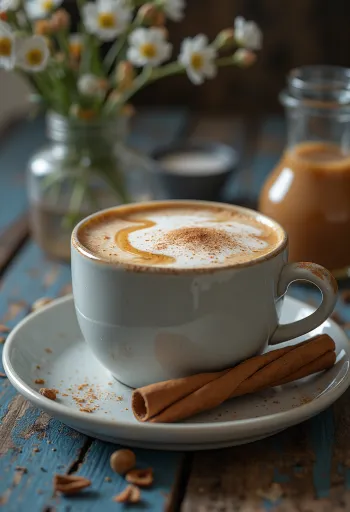 Karamelizēta chai latte pasniegta glāzē