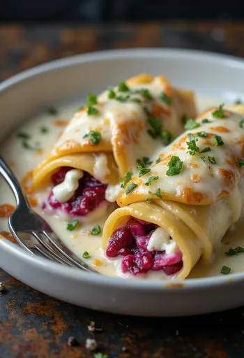Ceptu biešu un kazas siera kaneloni ar krēmīgu mērci