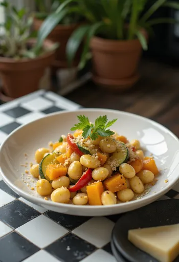Ķirbju gnocchi ar dārzeņiem pasniegti