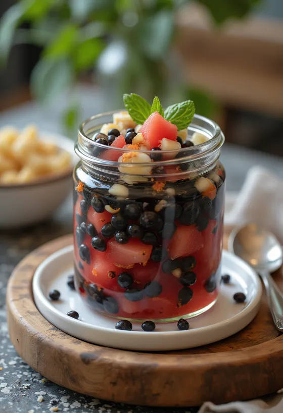 Pikantas etiķī marinētas arbūzu sēklas pasniegtas burkā