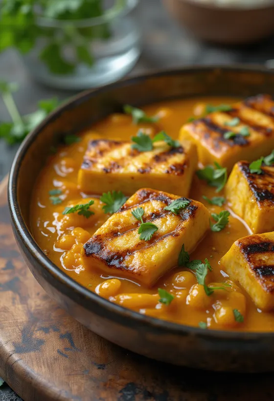 Grilēts tofu ar karija mērci pasniegts