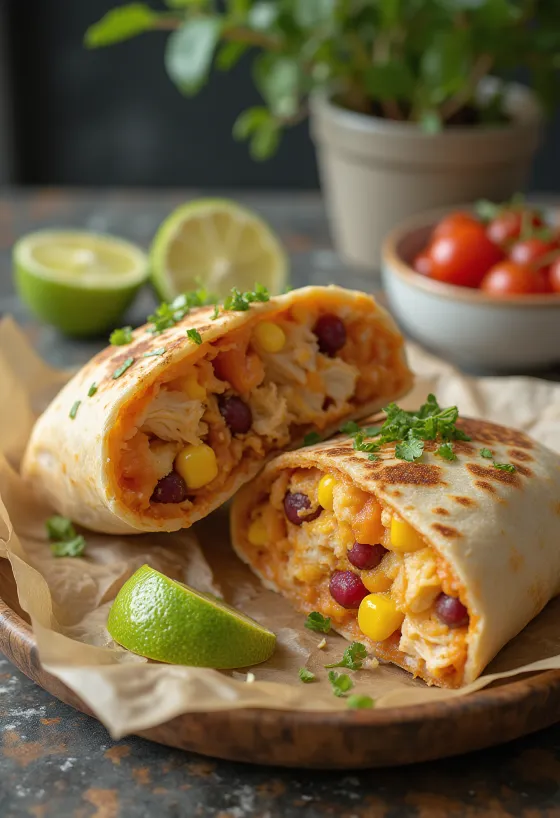 Pikantais vistas burrito, pasniegts ar svaigiem dārzeņiem un salsas mērci