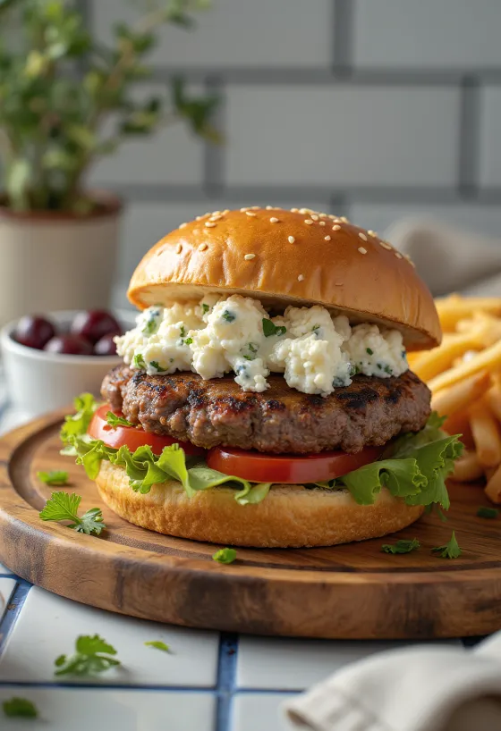 Svaigi gatavots grieķu burgers ar fetu un tzatziki