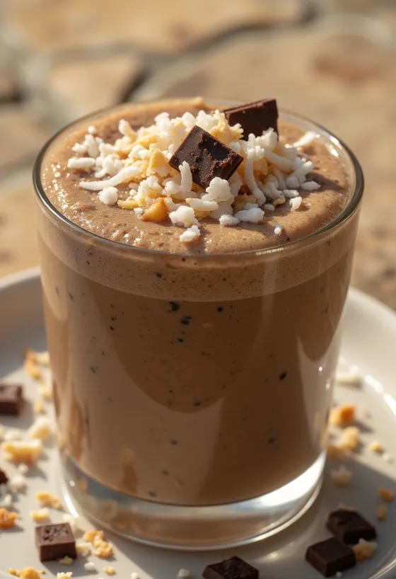 Kafijas un kokosriekstu smūtijs pasniegts ar kokosriekstu skaidiņām un šokolādi