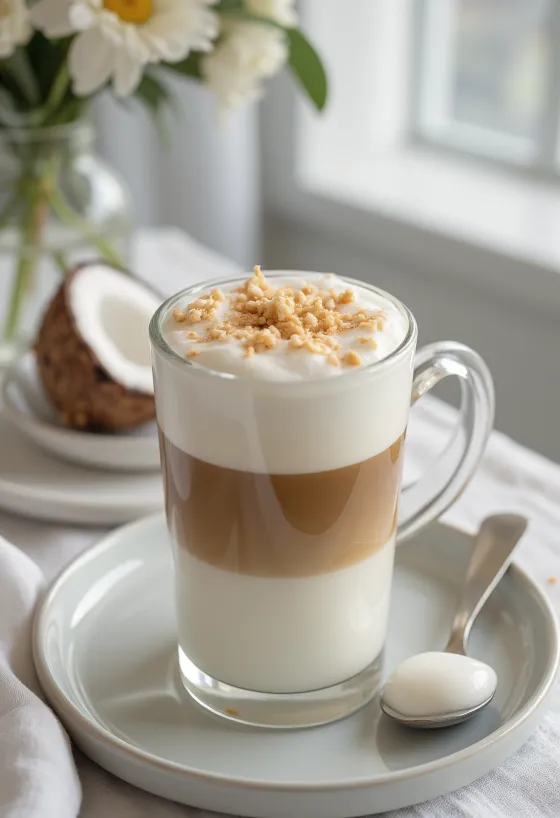 Kokosriekstu piena latte svaigi pasniegta
