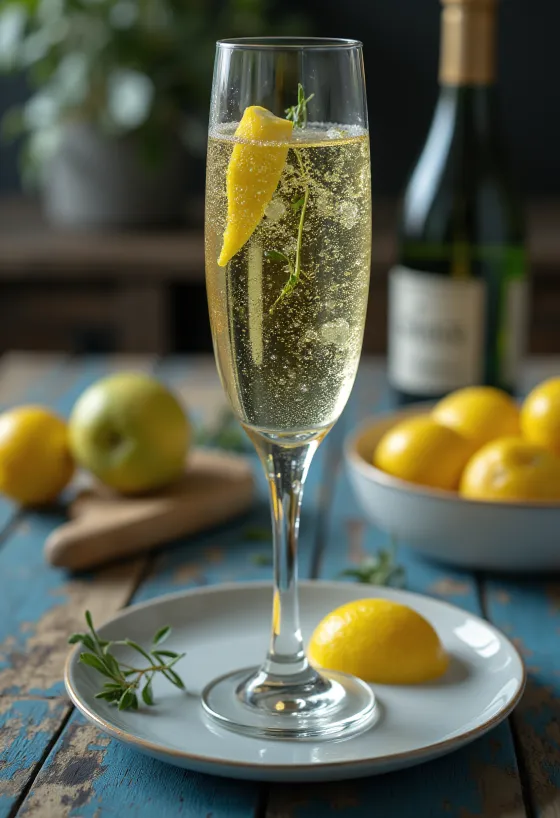 Itāļu Prosecco sidrs glāzē, rotāts ar rozmarīna zariņu