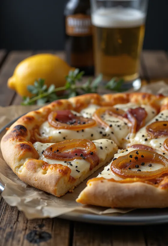 Pizza Alsacienne ar skābo krējumu, sīpoliem un bekonu