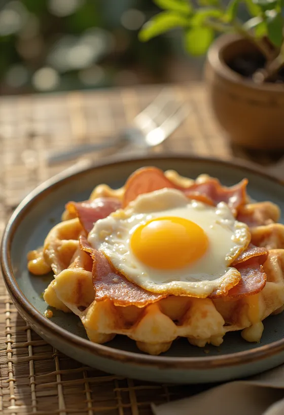 Croque Madame vafeles svaigi ceptas ar vēršaci