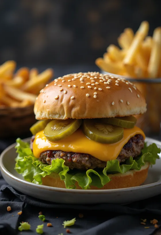 Klasiskais burgers ar sezama sēklām pasniegts