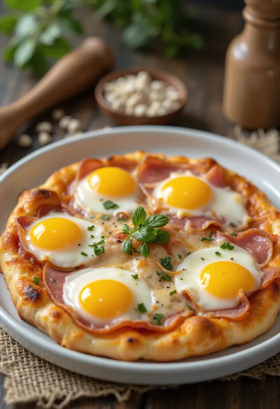 Pizza Bismark ar olu un šķiņķi