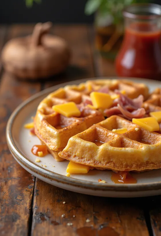 Šķiņķa un siera vafeles pasniegtas