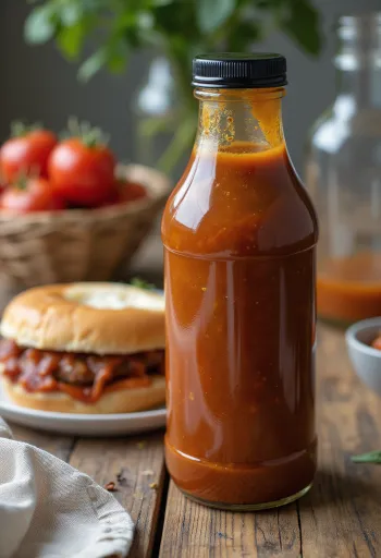 Alus un tomātu barbekjū mērce bļodā, blakus grilētai gaļai.