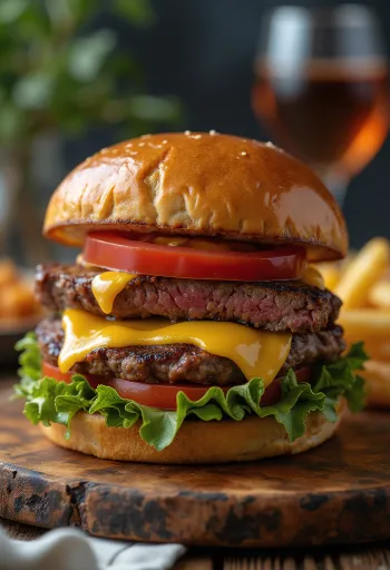 Steika burgers no gaļas šķēlēm ar sieru un dārzeņiem