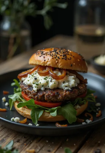 Zilā siera burgers pasniegts ar vīnu