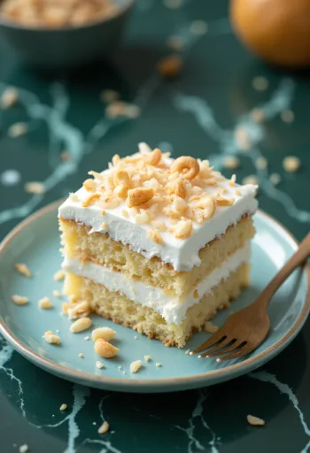 Kokosriekstu putu torte pasniegta ar kokosriekstu skaidiņām