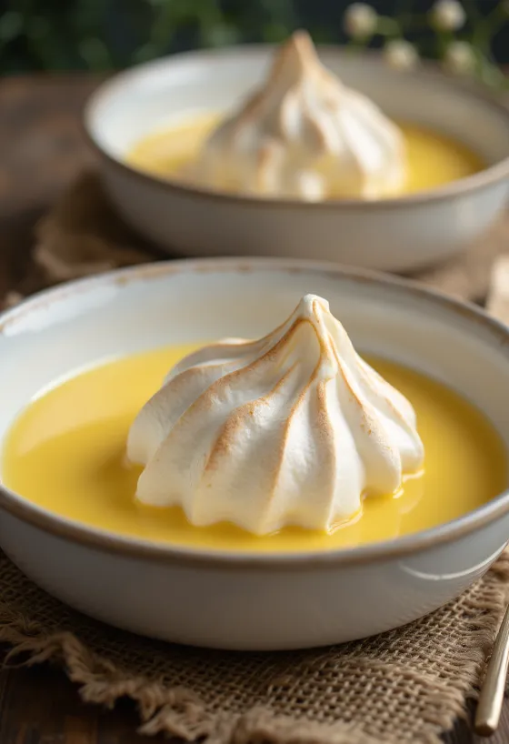 Peldošās salas glāzēs, rotātas ar vaniļas krēmu un olu baltumu putām