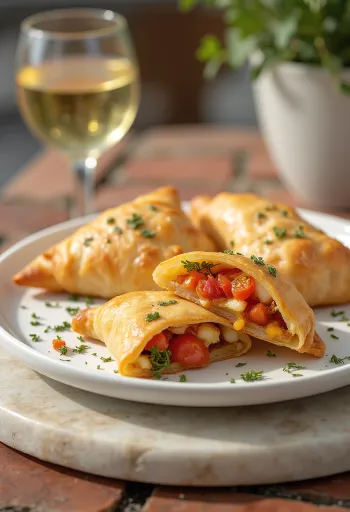 Pasniegtas samosas ar ceptiem tomātiem un mocarellu