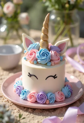 Vienradža torte ar krāsainām tortes ripām un fondantes rotājumu