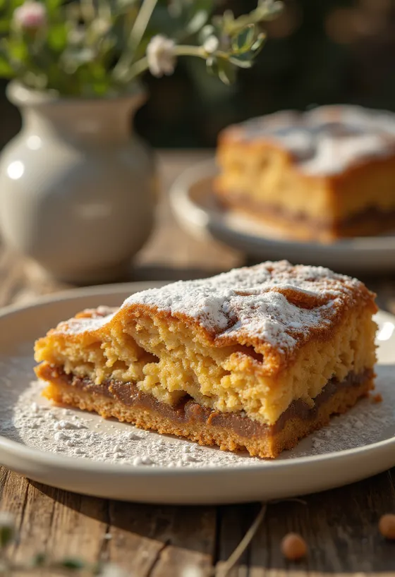 Kastaņu un kanēļa torte pasniegta