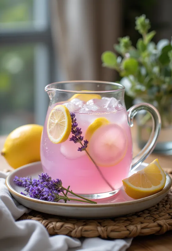 Lavandas limonāde pasniegta glāzē