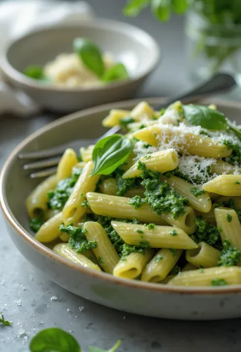 Krēmīga spinātu pasta, pārkaisīta ar svaigu parmezānu, pasniegta uz balta šķīvja.
