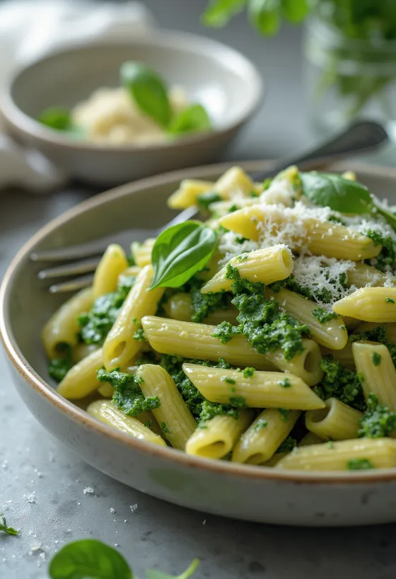 Krēmīga spinātu pasta, pārkaisīta ar svaigu parmezānu, pasniegta uz balta šķīvja.