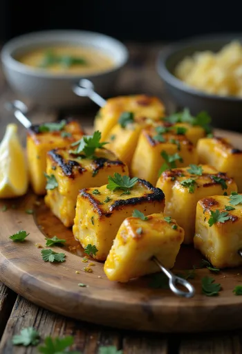 Achari paneer tikka grilēti panīra gabaliņi, marinēti jogurtā ar garšvielām, pasniegti ar svaigu koriandru un citronu