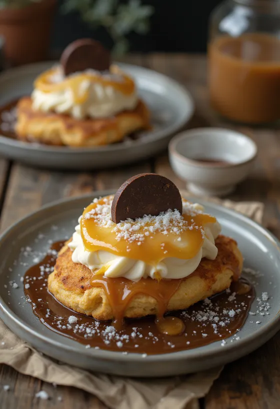 "Cornetto Salted Caramel" saldējums kraukšķīgā vafelē, pasniegts ar karameli un mandeļu gabaliņiem