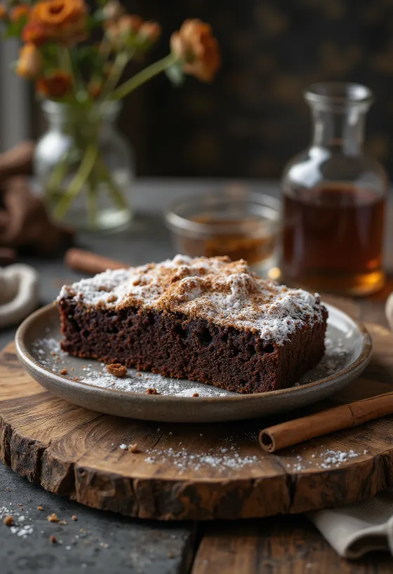 Kanēļa un šokolādes torte pārkaisīta ar pūdercukuru
