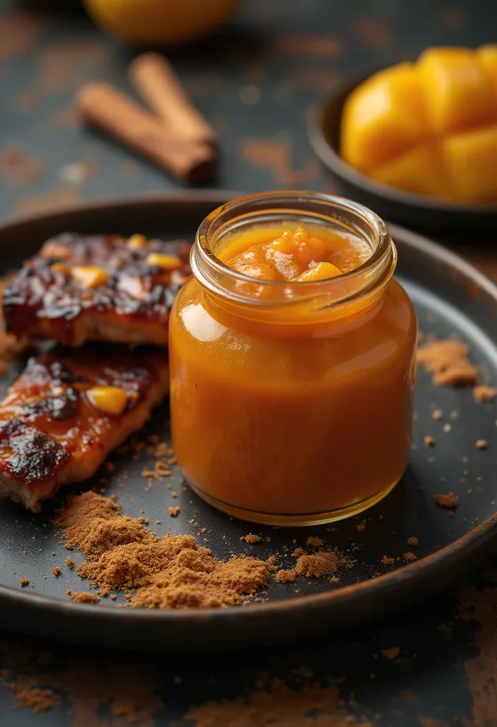Pasniegta kanēļa un mango bārbekjū mērce