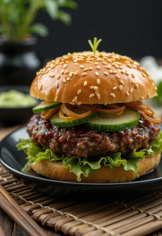 Svaigi gatavots japāņu burgers ar teriyaki glazūru un vasabi