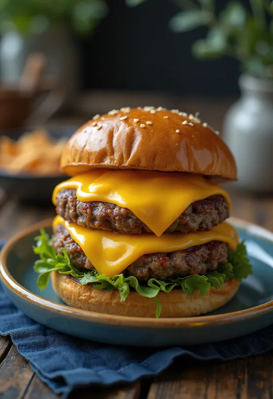 Dubultais siera hamburgers ar divām sulīgām gaļas kotletēm un ekstra Čedaras sieru