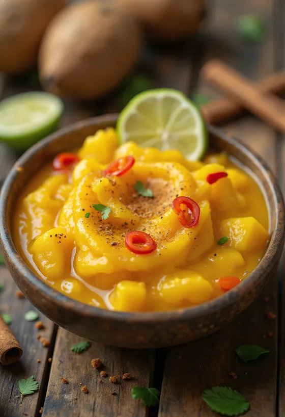 Pasniegta kanēļa, mango un čili mērce