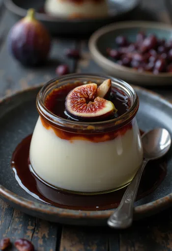 Panna cotta ar vīģu ievārījumu glāzē