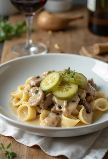 Liellopa gaļas stroganovs pasniegts
