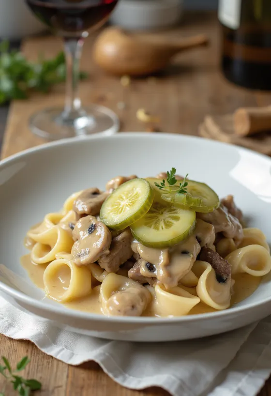 Liellopa gaļas stroganovs pasniegts